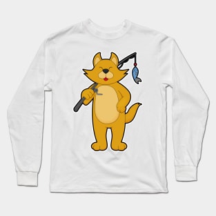 Cat at Fishing with Fishing rod & Fish Long Sleeve T-Shirt